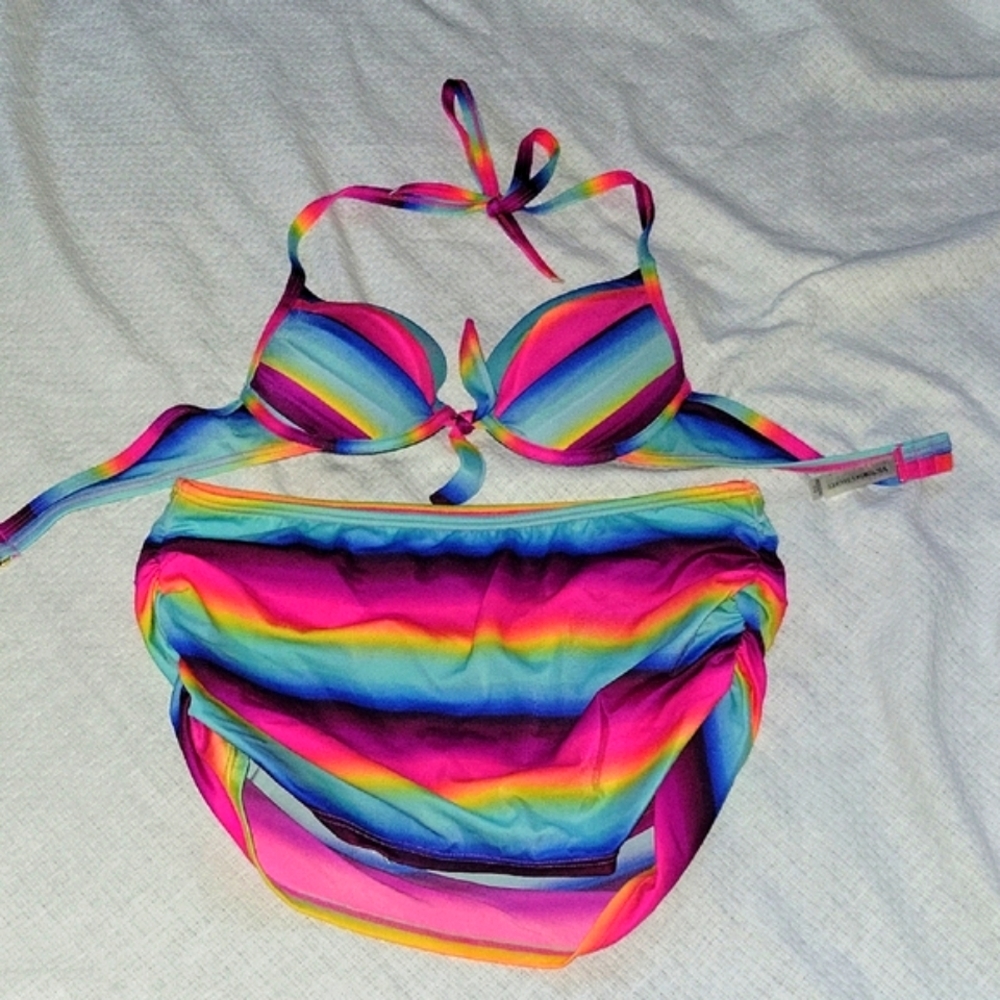 Victoria's Secret Pink Blue Striped Bikini Padded Underwire 32B Small